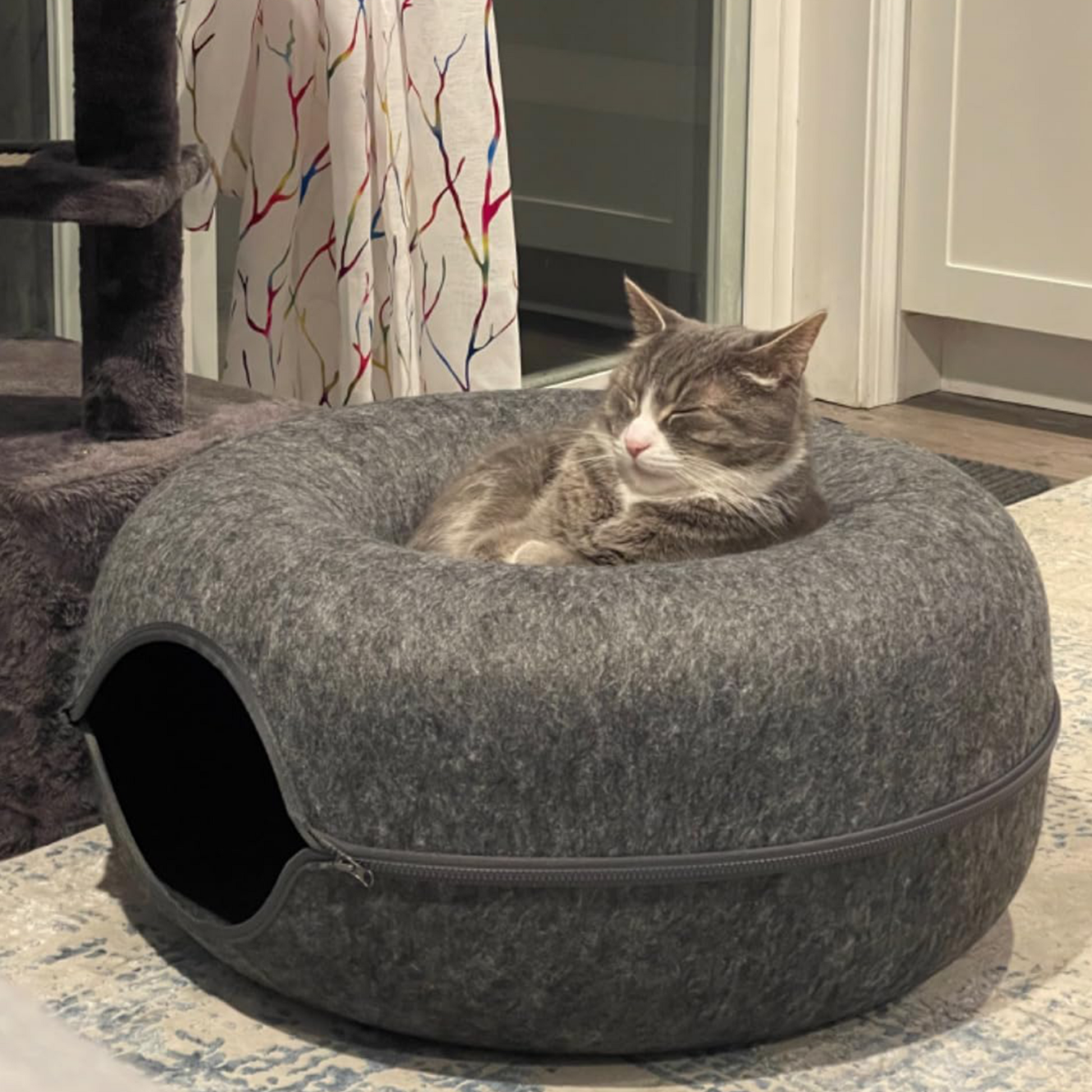 Cat Donut Tunnel, Peekaboo Cat Cave, Cat Tunnel for Large Cats Up to 15lbs | Detachable Round Felt & Washable Interior Cat Hideout, Great for Indoor Cats-Pets Are Framily