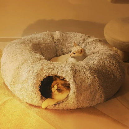 Large Cat Tunnel Bed with Fluffy Cave Tube, Removable Cushion ( for Cats, Dogs, Rabbits, and Ferrets)-Cat Beds-Pets Are Framily